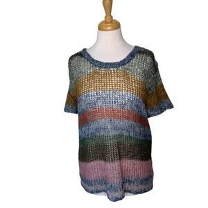 OXMO Crochet Striped Short Sleeve Multicolor Sweater Small